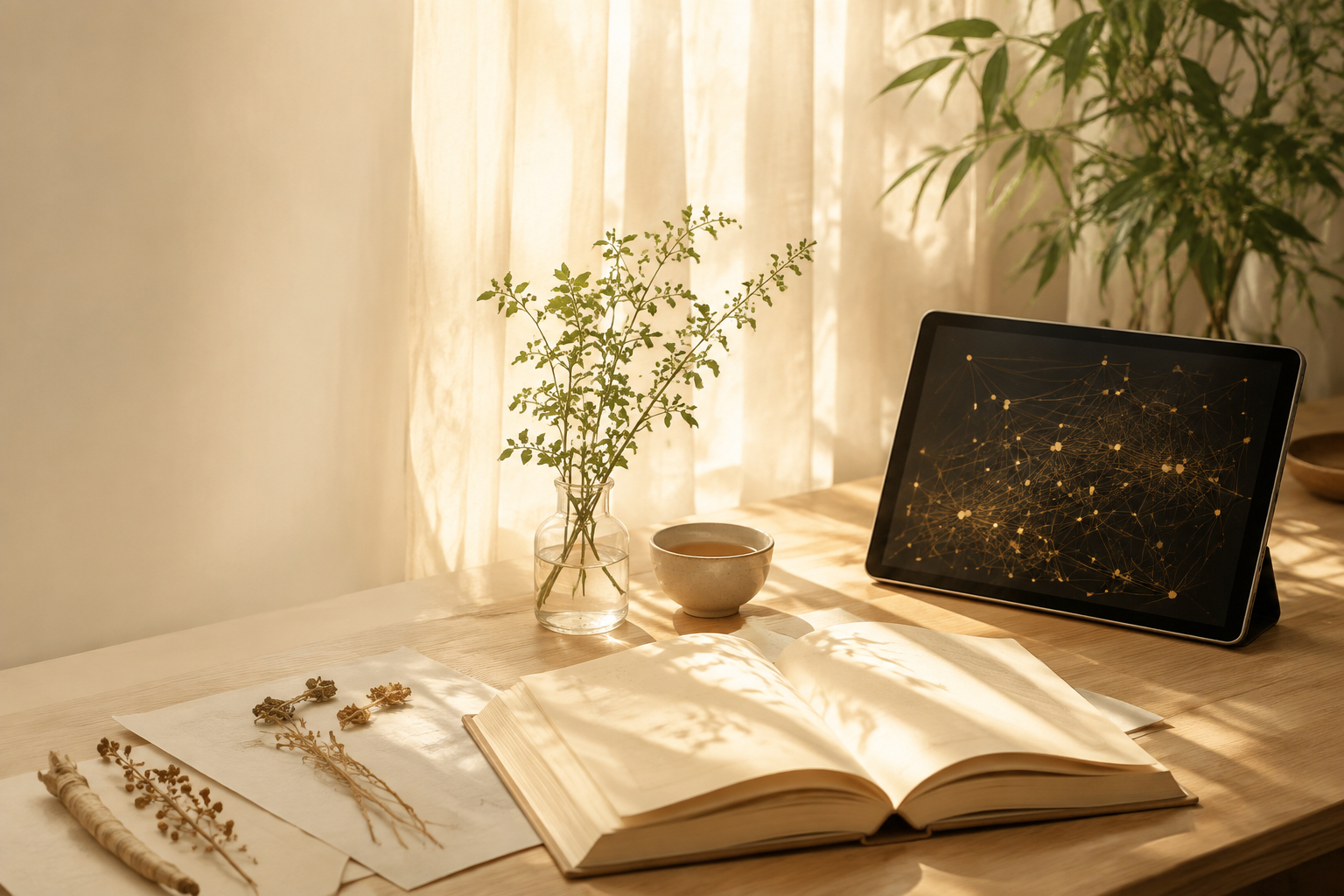 An illustrative sunlit study with botanicals, a tea cup, an open book and a tablet showing an AI network